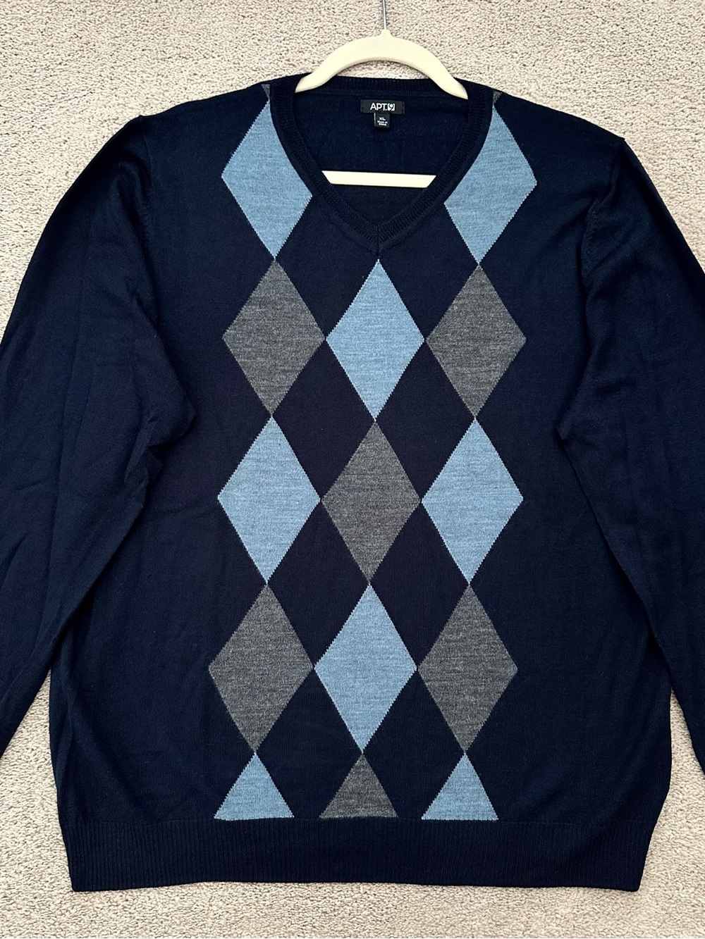 Merino Wool Navy Blue & Grey Argyle V-Neck Lightweight Fall Sweater - Heritage